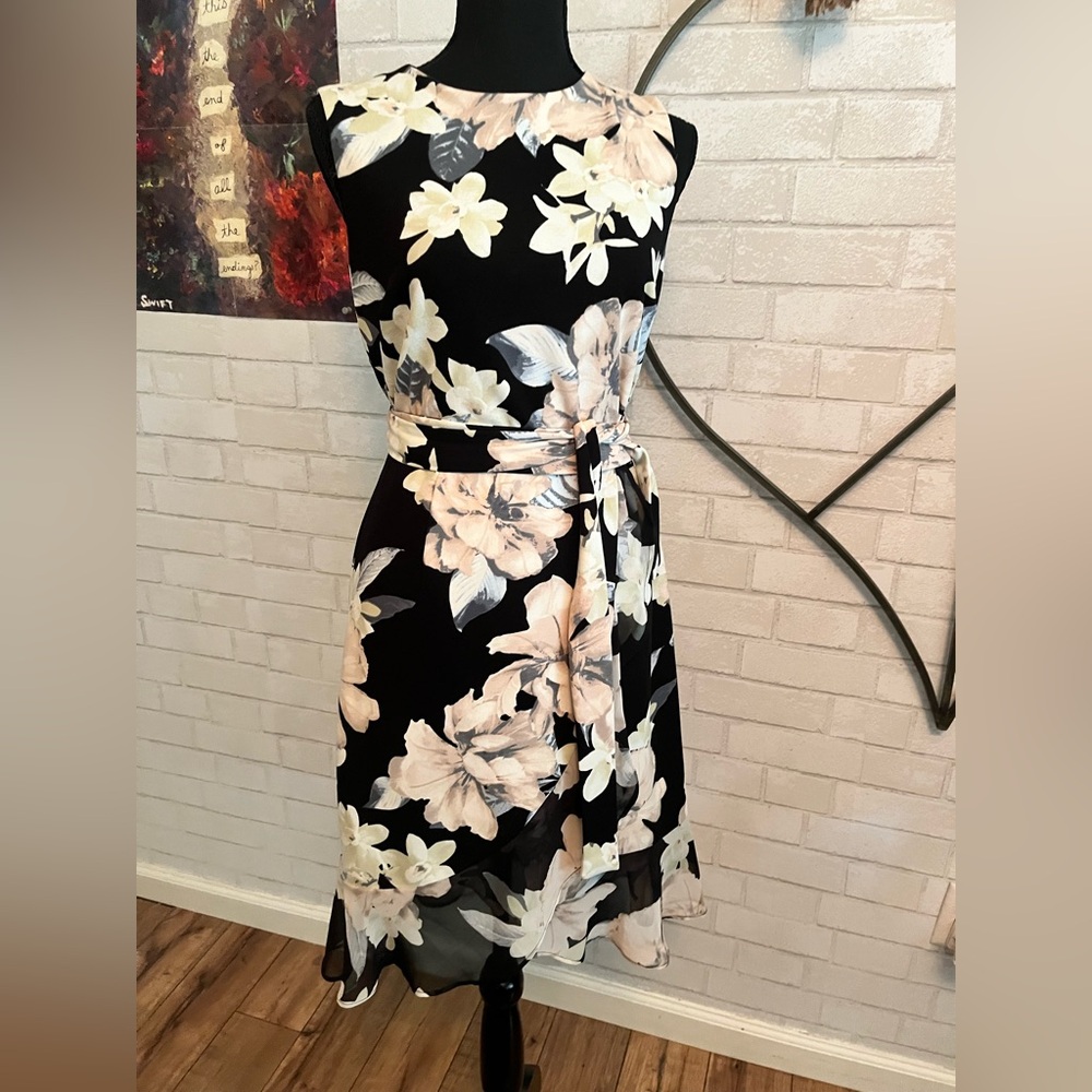 Shelby & Palmer Black and Cream Floral Midi Dress